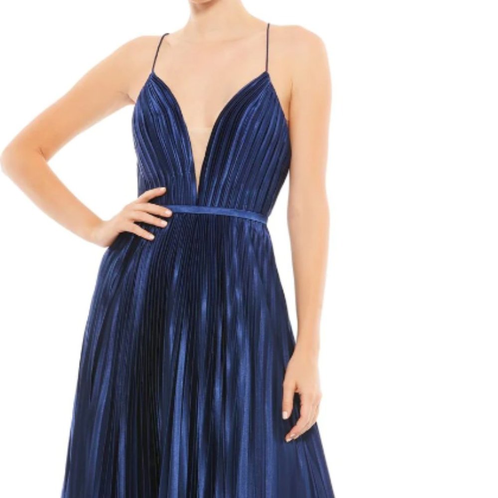 MAC DUGGAL PLEATED ILLUSIONS PLUNGE NECK A-LINE MIDNIGHT NAVY SATIN GOWN sz 8